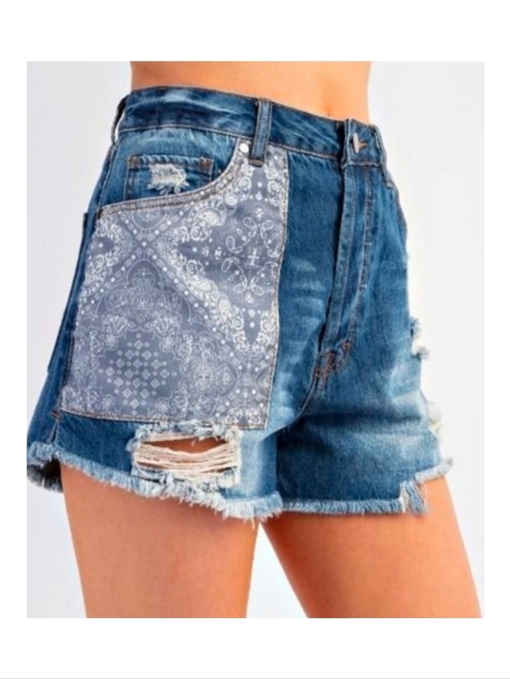 Easel Dark Denim Bandana Distressed Shorts